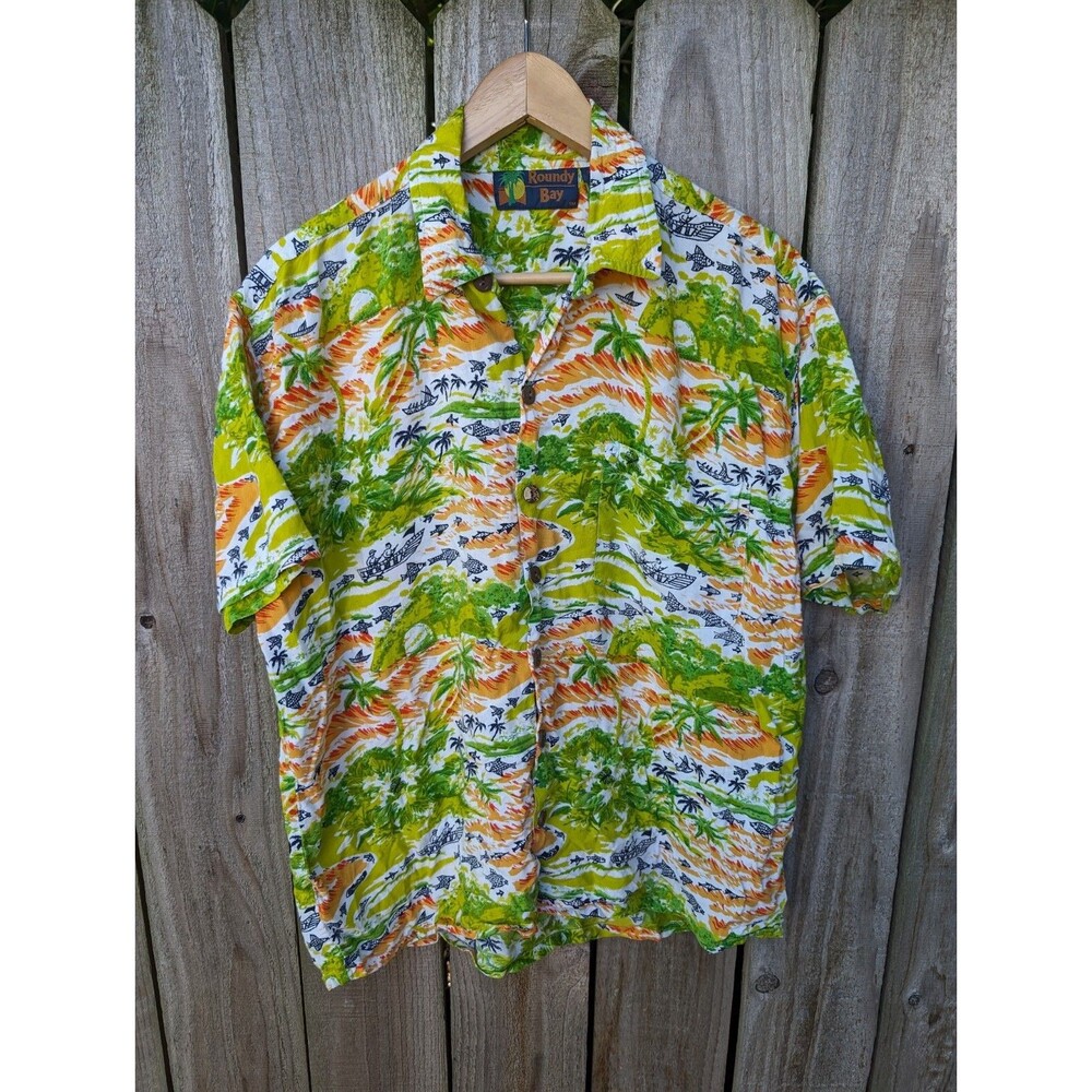 Vintage Hawaiian Shirt Roundy Bay Rayon Small Fishing Tropical Green Loop Collar